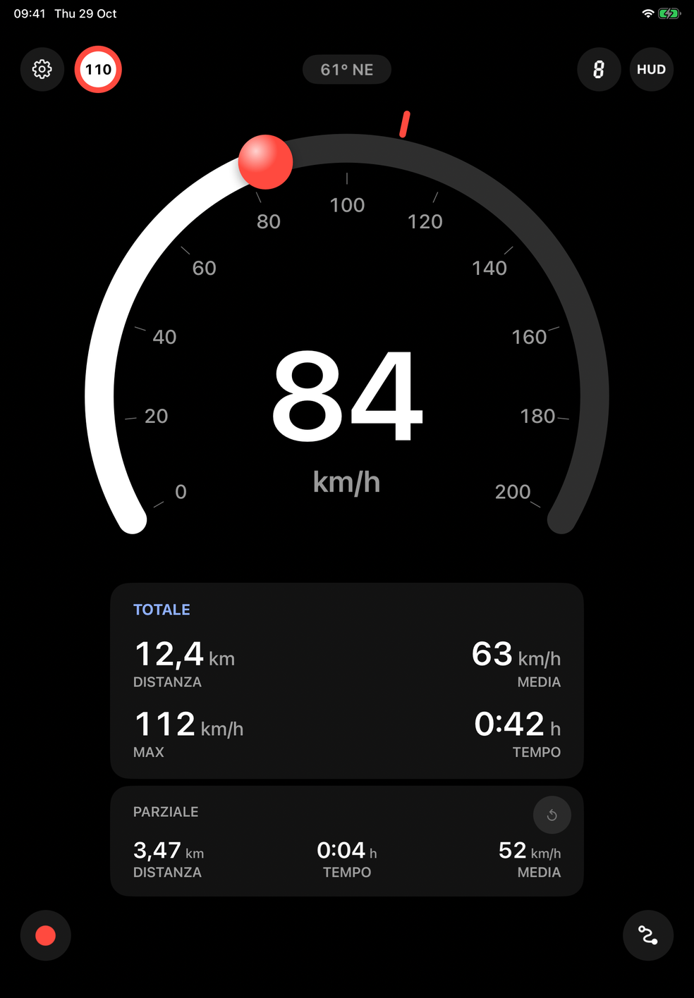 3pSpeed su iPad in verticale: lo stile Arco a 84 km/h sopra il Totale e il Parziale, sfondo nero