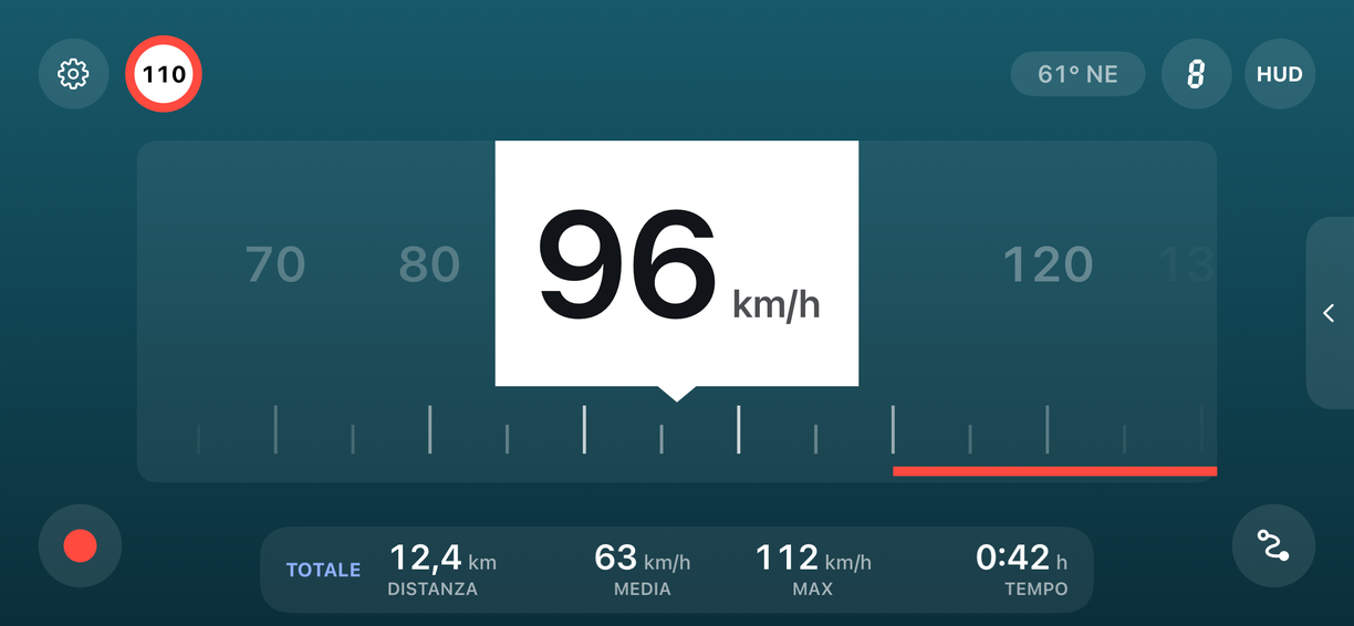 Lo stile Nastro in orizzontale, sullo sfondo Petrolio: un nastro della velocità che scorre, 96 km/h nel riquadro