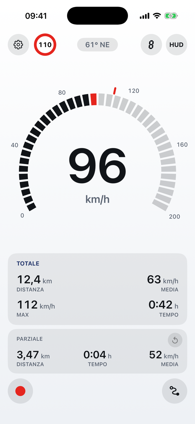 3pSpeed su un iPhone di giorno: lo stile Segmenti a 96 km/h, sotto il Totale e il Parziale