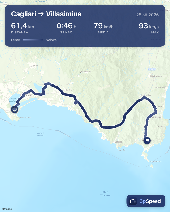 L’immagine del viaggio da condividere: da Cagliari a Villasimius, 61,4 km in 0:46 h, media 79 km/h, massima 93 km/h, il percorso lungo la costa della Sardegna sulla mappa